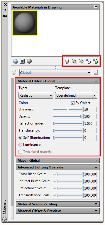 Materials Palette in AutoCAD 2007