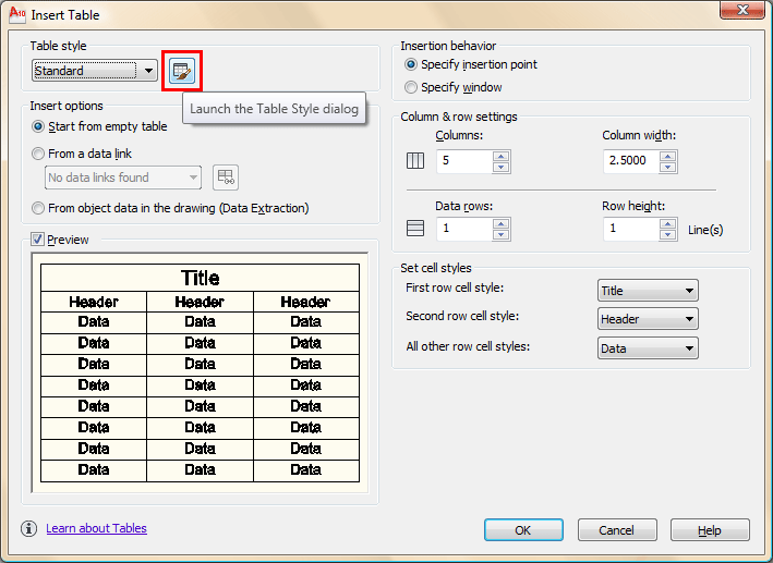 Insert table Dialog Box